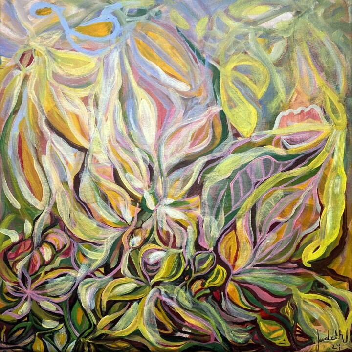 Schilderij getiteld "Zen Flowers 2" door Judith Riemer, Origineel Kunstwerk, Olie Gemonteerd op Frame voor houten brancard