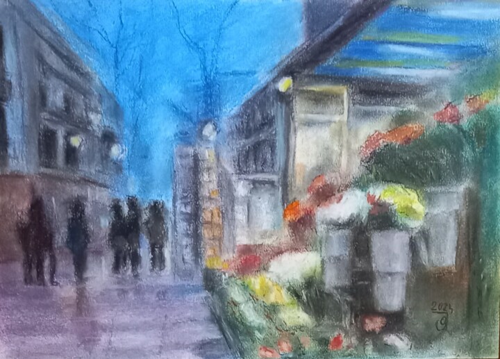 La rambla de las Flores a la nochecer Barcelona (síntesis) Painting, 11.8x16.5 in