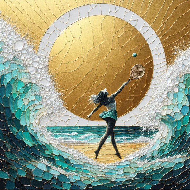 Tennis player and Big Great waves 数字艺术, 15.8x15.8 in
