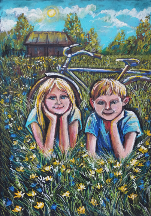 Summer vacation children summer painting nature oil pastel 图画, 16.5x11.7 in