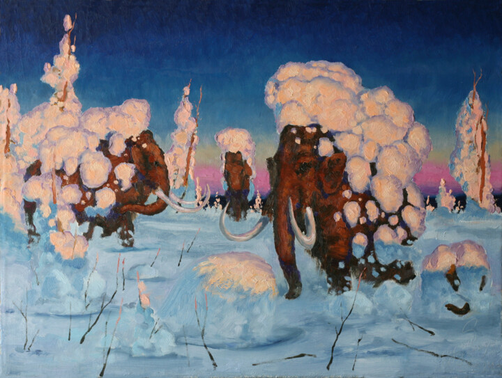 Mammoths at dawn after a snowfall 绘画, 11.8x15.8 in