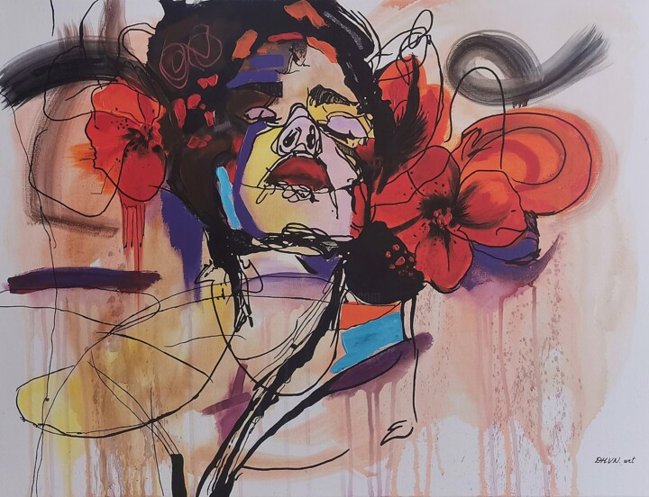 Elegant Woman with Red Flowers. 绘画, 23.6x31.5 in