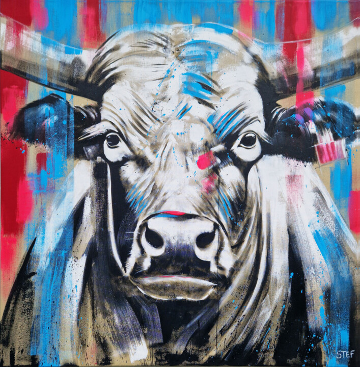 Painting titled "Bull #9" by Stefanie Rogge, Original Artwork, Acrylic Mounted on Wood Stretcher frame