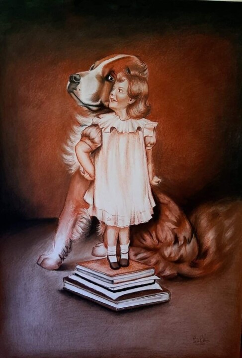 Bimba con il cane 图画, 39.4x27.6 in