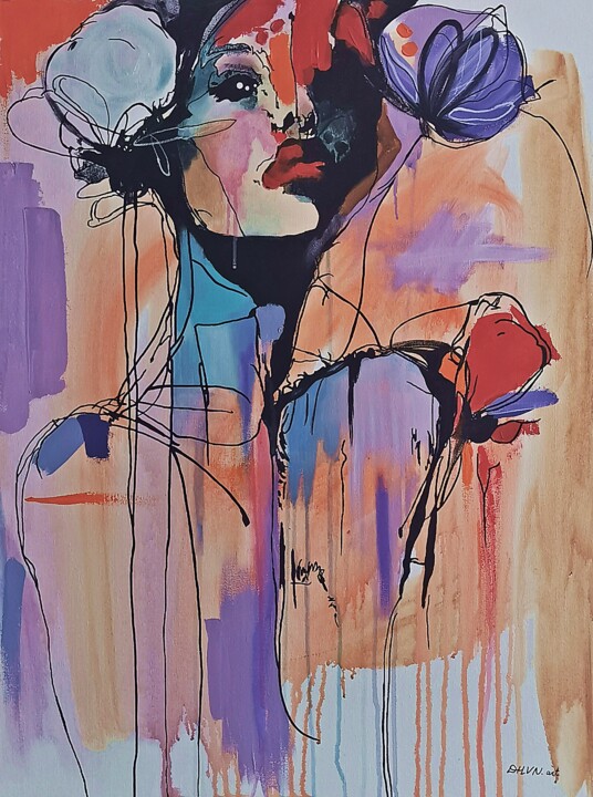 Abstract Painting of Elegant Woman with Large Flowers. 绘画, 31.5x23.6 in