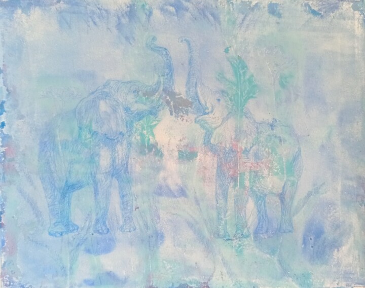 Light Blue Elephants 绘画, 11.2x14.2 in