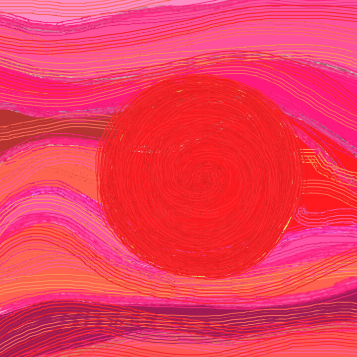 Vibrant Landscape and Red Sun - Print 数字艺术, 31.5x31.5 in