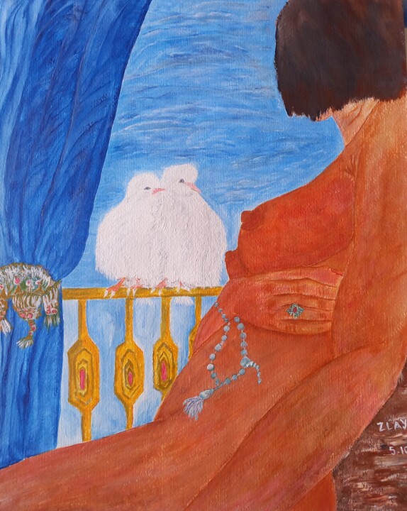 Discussion au balcon Schilderij, 19,7x15,8 in