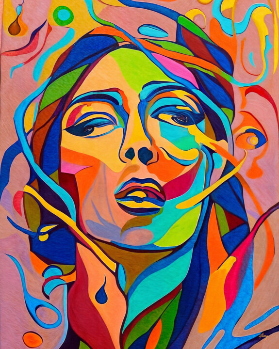 "FACELESS COLOR 4" - COLORFUL, ABSTRACT, SURREAL, FACE 印花与版画, 27.6x21.7 in
