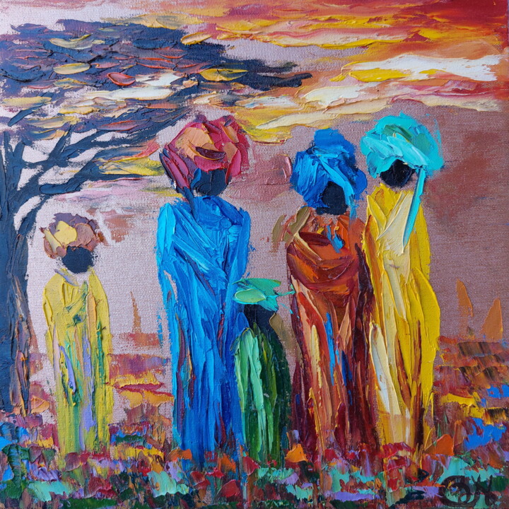 African Village Painting Africa Landscape Original Art 绘画, 7.9x7.9 in
