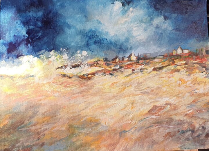 Painting titled "St-Gué Tempête" by Evelyne Chabaud, Original Artwork, Acrylic Mounted on Wood Stretcher frame