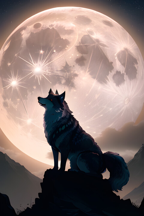 Loup devant la Lune 数字艺术