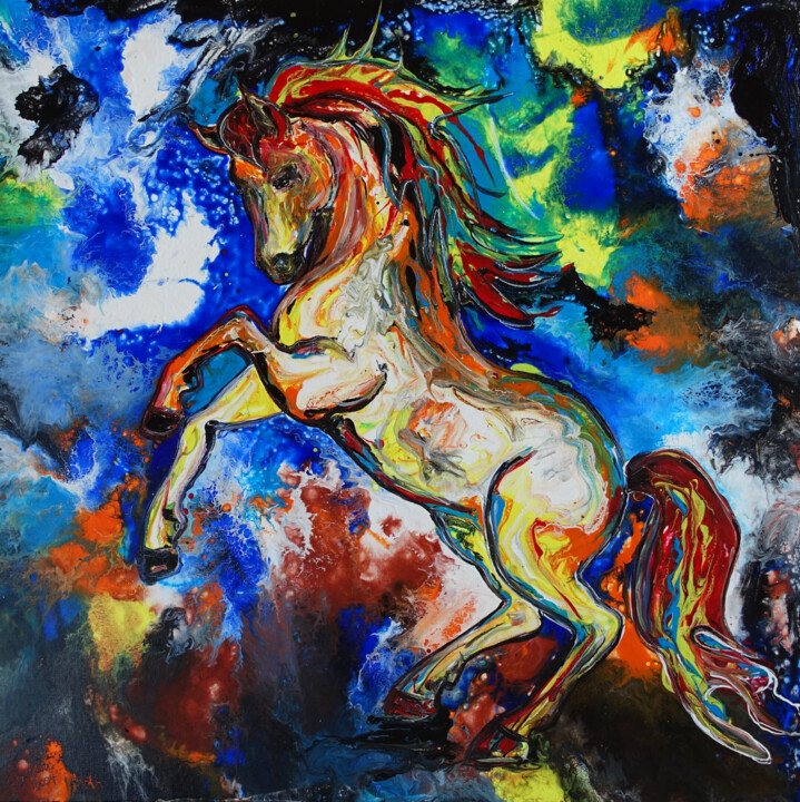 Horse - buntes Pferdebild abstrakt Pferde Malerei Leinwand 绘画, 31.5x31.5 in