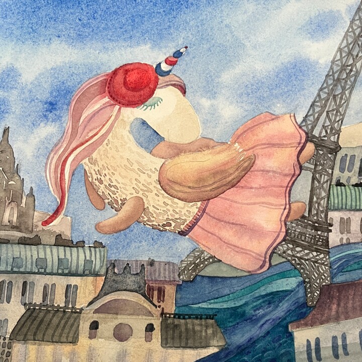 绘画 标题为“Unicorn in Paris” 由Valentina Pushkareva, 原创艺术品, 水彩