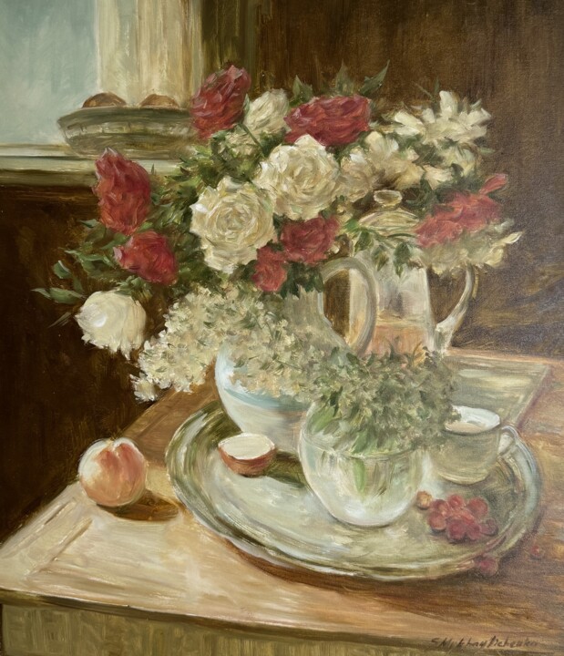 Red and white roses 绘画, 27.6x23.6 in