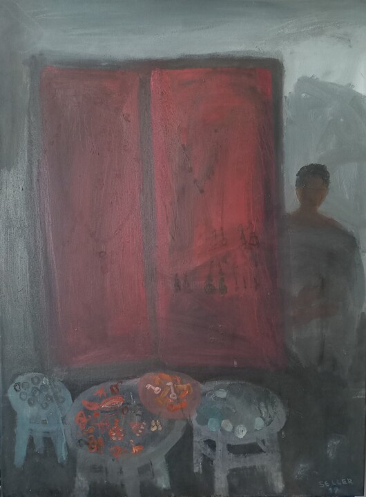 Girl selling earrings (Shop in Jerusalem) 绘画, 31.5x23.6 in
