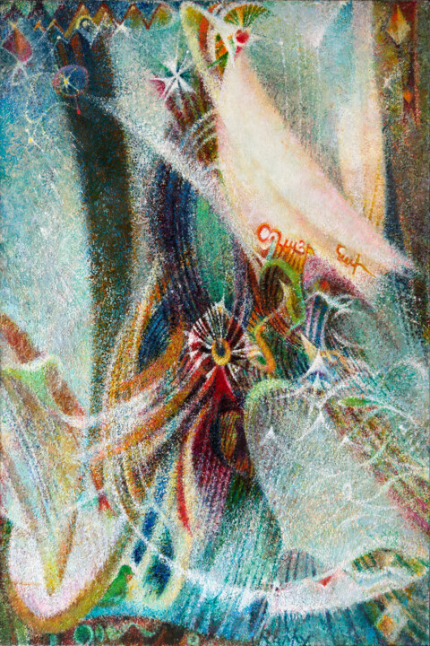 Painting titled "Voilier Spatial II" by Raphy, Original Artwork, Oil Mounted on Wood Stretcher frame