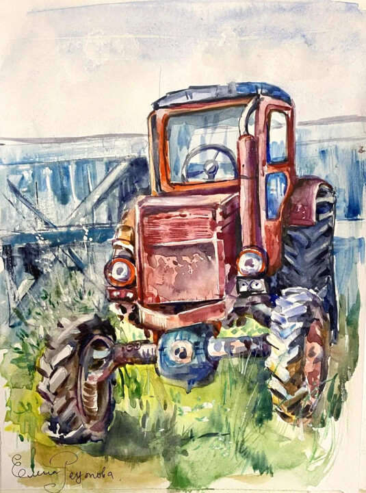 A simple rural red tractor. 绘画, 11.4x8.3 in
