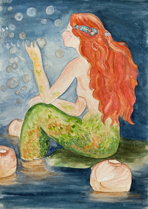 Painting titled "sirena d'oro su car…" by Daria Ceppelli, Original Artwork, Watercolor