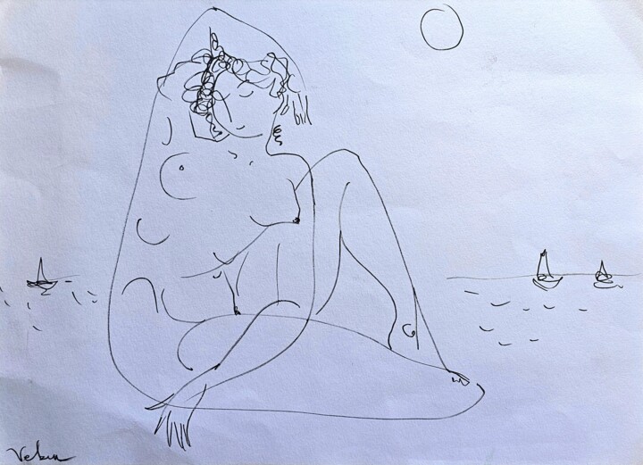 图画 标题为“Nude model, Drawing” 由Oksana Veber, 原创艺术品, 圆珠笔 安装在纸板上