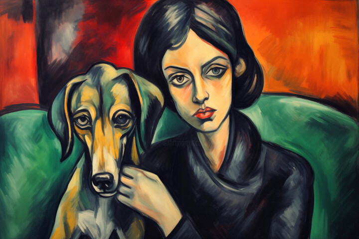 Expressionistisches Portrait Frau mit Hund 数字艺术