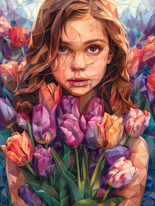 PORTRAIT OF A GIRL WITH TULIPS 数字艺术, 31.1x20.9 in