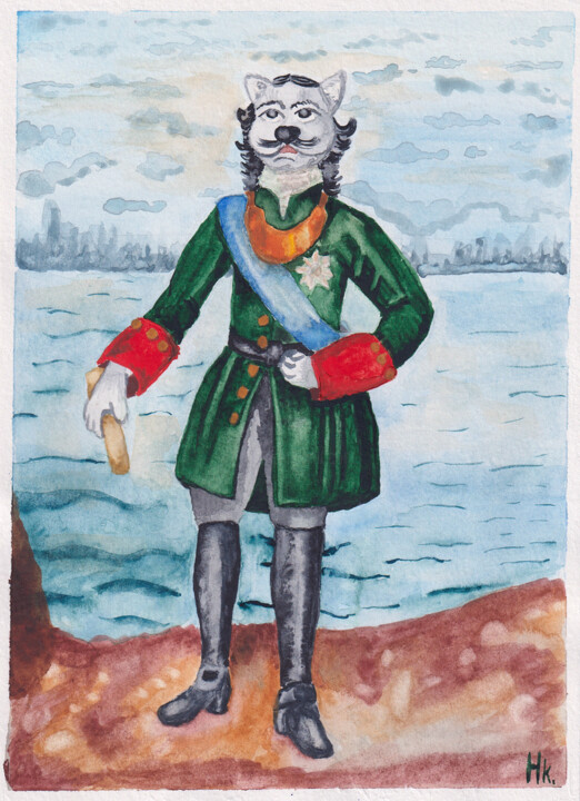 Dessin intitulée "Peter the cat / Кот…" par Nina Karymova (Nino), Œuvre d'art originale, Aquarelle