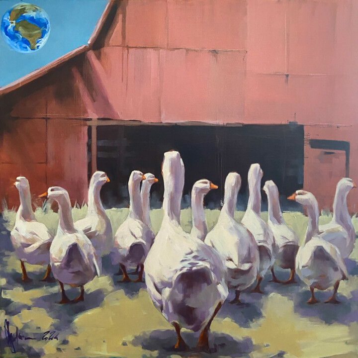 Malerei mit dem Titel "Geese and universe." von Igor Shulman, Original-Kunstwerk, Öl Auf Keilrahmen aus Holz montiert
