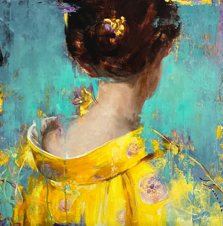 绘画 标题为“TURQUOISE YELLOW -…” 由Elena Mashajeva-Agraphiotis, 原创艺术品, 油 安装在木质担架架上