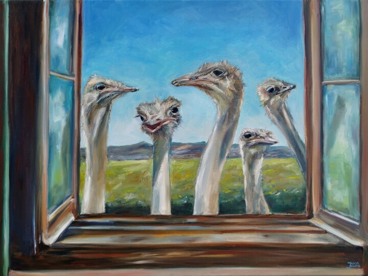 Curious Ostriches - bird art 绘画, 23.6x31.5 in