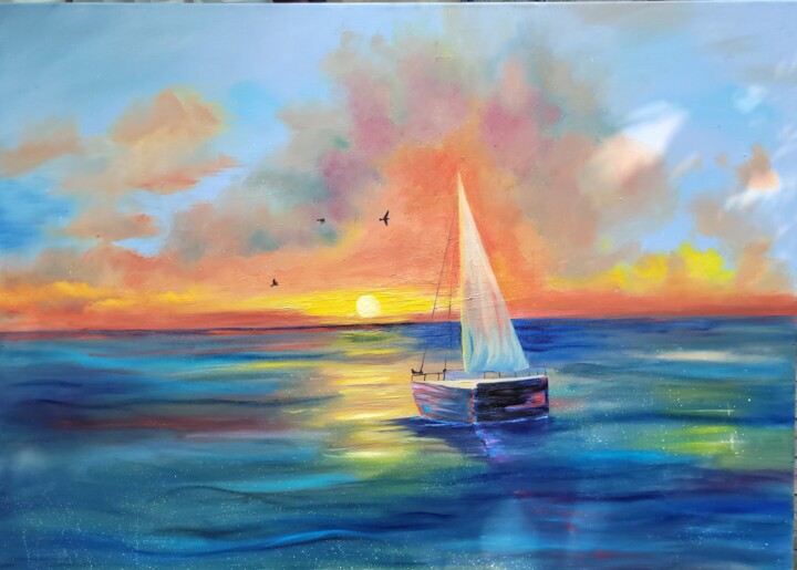 Painting titled "Sunshine in summer" by Natia Kanelis, Original Artwork, Oil