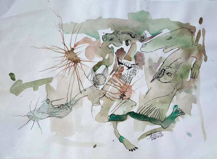 Peinture intitulée "Fighting Evil" par Shashintha Dilhani, Œuvre d'art originale, Stylo à bille Monté sur Verre