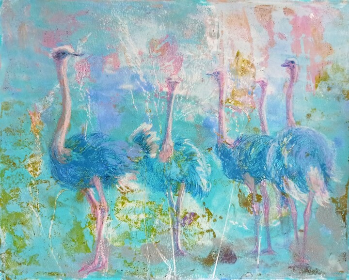 Blue Ostriches Pittura, 11,4x14,2 in