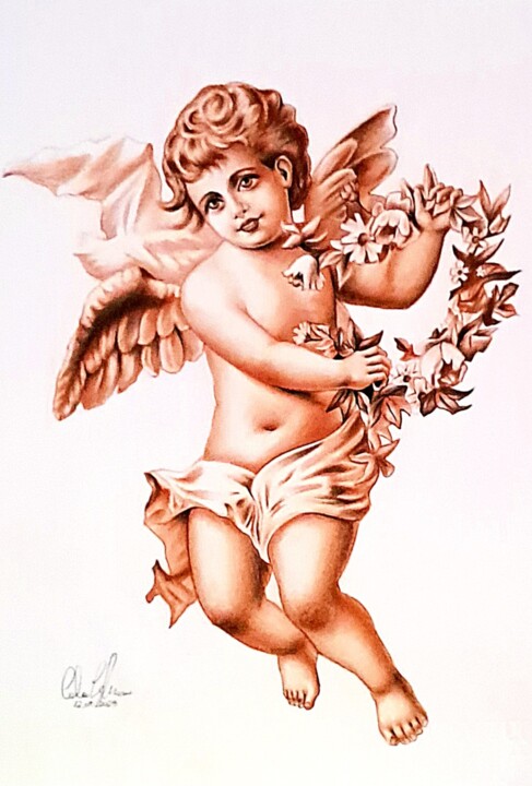 Angioletto con ghirlanda floreale Resim, 18,9x13 in
