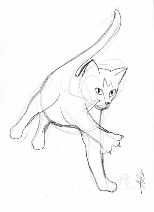 Chat bondissant-A-0075 Tekening, 15,8x11,8 in