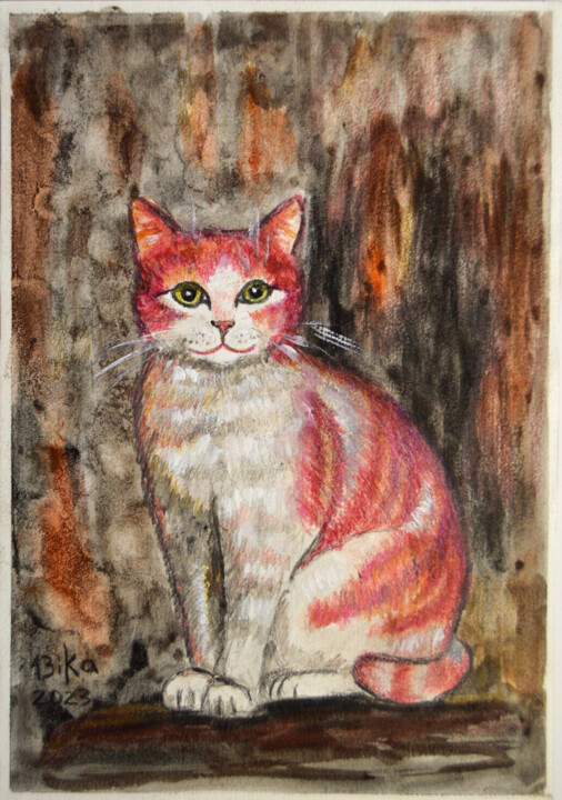 White Red Cat 绘画, 7.9x5.9 in