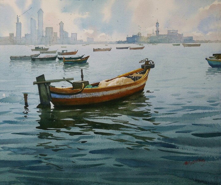 A SUNNY DAY AND BOAT Painting, 27x32.3 in