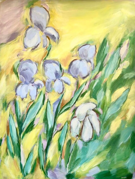 Iris parmes sur fond jaune 绘画, 45.7x35 in