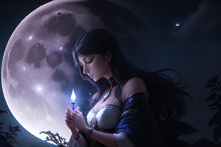 Digital Arts titled "Prière devant la Lu…" by Frraincky, Original Artwork, AI generated image