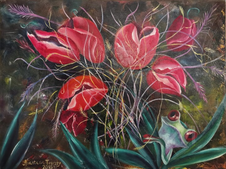 Frog in the Tulips. Original Floral Fantasy Oil Painting. 绘画, 18x24 in