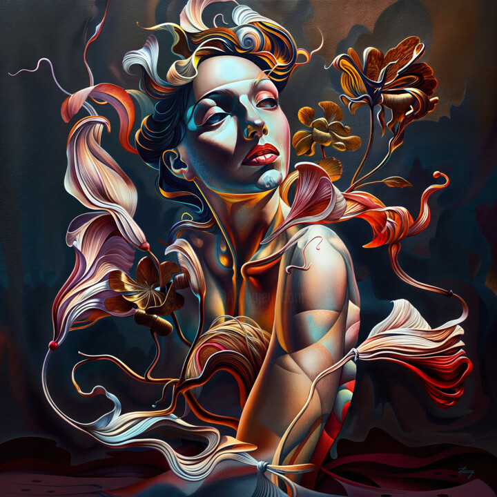 "HOME FEELING" - SURREAL, FLORAL, WOMAN PORTRAIT 印花与版画, 23.6x23.6 in