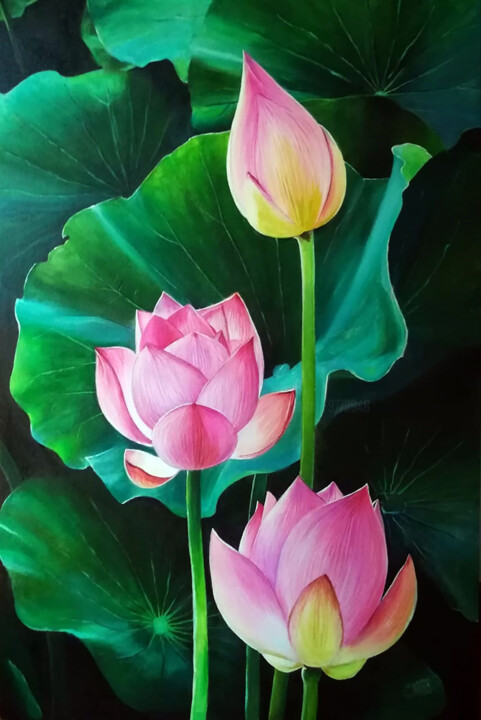 Pink Lotus 绘画, 36x24 in
