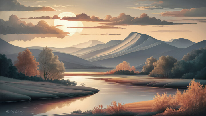 Цифровое искусство под названием "Sunlit River" - Pavel Apilat, Подлинное произведение искусства, 2D Цифровая Работа