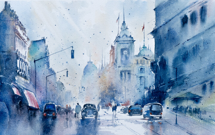 "Misty Morning Towers" Schilderij, 13,6x21,5 in