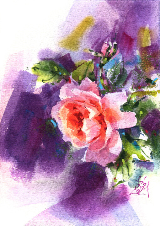 "Bright Summer Days. Orange rose." 绘画, 11.6x8.1 in
