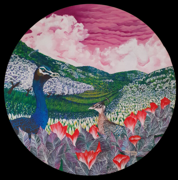 Peinture intitulée "Royal Peacocks" par Lahiru Karunaratne, Œuvre d'art originale, Acrylique