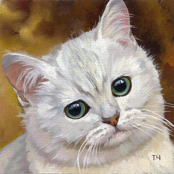 Miniature "Portrait of a white cat" 绘画, 3.9x3.9 in