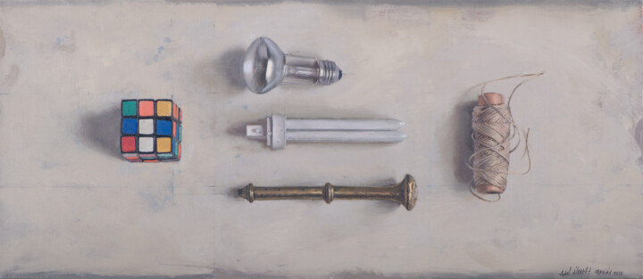 Painting titled "Cubo de Rubik con o…" by Juan Álvarez Cebrián, Original Artwork, Oil Mounted on Wood Panel