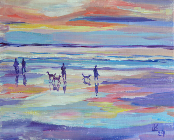 People and dogs walking along the shore Tablo, 9,5x11,8 in