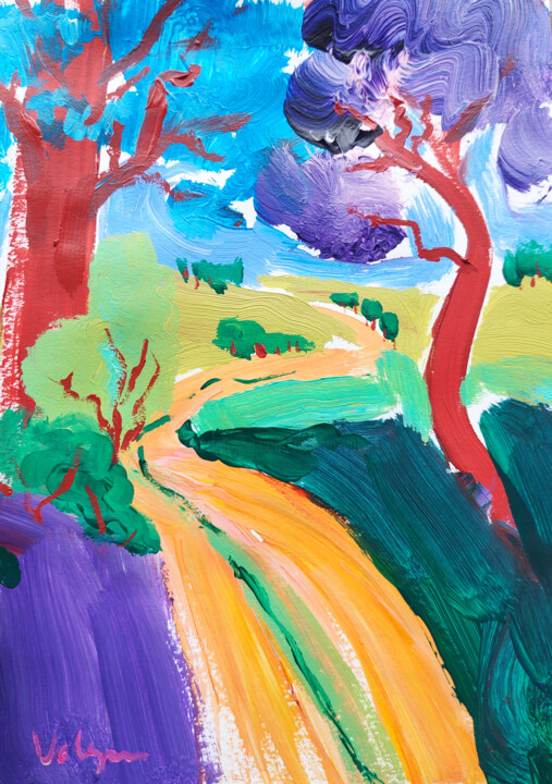 Bunte Wald Landschaft Original Malerei 绘画, 11.7x8.3 in